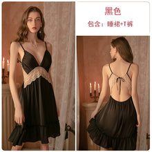 Load image into Gallery viewer, Rose New Nightgown Women Lingerie Satin Lace Hollow Knee Strap Nightdress Thong Set Female Summer Deep V Thin Sleepwear