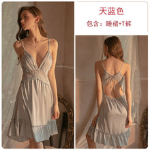 Load image into Gallery viewer, Rose New Nightgown Women Lingerie Satin Lace Hollow Knee Strap Nightdress Thong Set Female Summer Deep V Thin Sleepwear