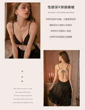 Load image into Gallery viewer, Rose New Nightgown Women Lingerie Satin Lace Hollow Knee Strap Nightdress Thong Set Female Summer Deep V Thin Sleepwear