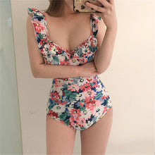 Load image into Gallery viewer, Ruffle One Piece Swimsuit Women Floral Print Swimwear Mori Style Monokini Push Up Swim Suit Backless Trikini Pad Bathing Suit