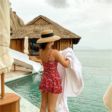 Load image into Gallery viewer, Ruffle One Piece Swimsuit Women Floral Print Swimwear Skirt Monokini Korea Style Swim Suit Push Up Bathing Suit Pads Belt Wrap