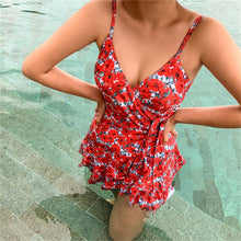Load image into Gallery viewer, Ruffle One Piece Swimsuit Women Floral Print Swimwear Skirt Monokini Korea Style Swim Suit Push Up Bathing Suit Pads Belt Wrap