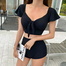 Load image into Gallery viewer, Ruffle Two Piece Swimsuit Solid Bandage Bikinis Short Sleeve Swimwear High Waist Bathing Suit Women&#39;s Beach Biquinis