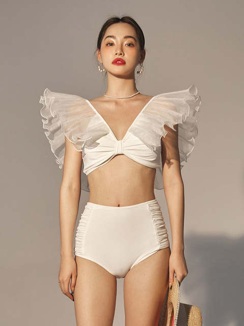 Ruffled V-neck Bikini 2022 Push Up New High Waist Open Back Simple Swimsuit Fashion Halter Sexy Solid Color Split Set Beachwear