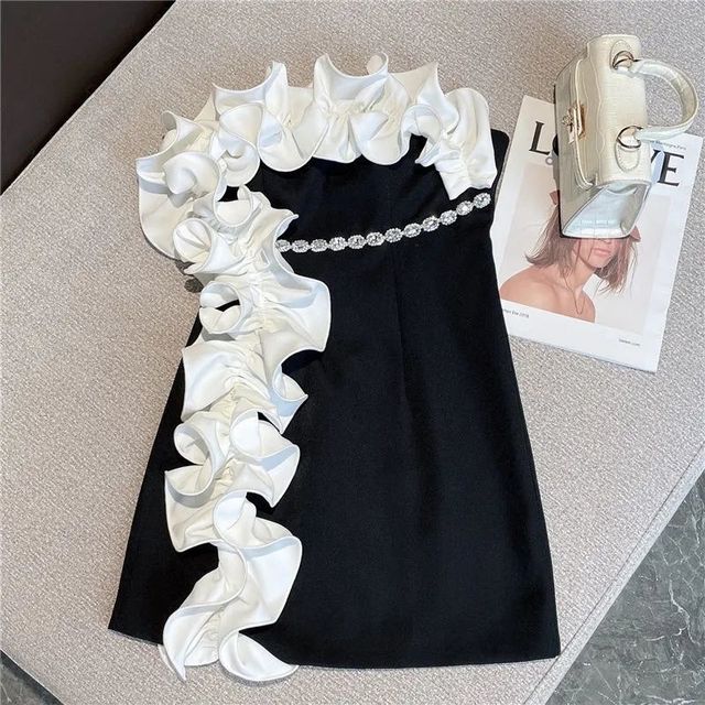 Ruffles Patchwork Diamonds Chain Strapless Elegant Women's Dress Summer 2022 leeveless Sexy Bandeau Short Fashion Party Dresss