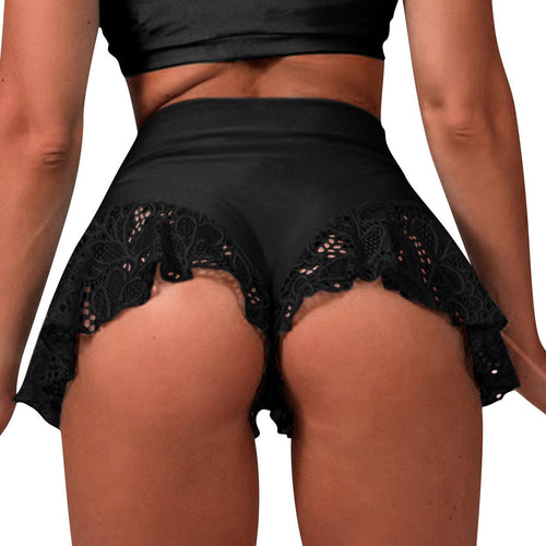 S-3XL Women Hip Lift Skinny Shorts Lace Ruffle Trim Elastic Waistband Pants Gym Yoga Dance Jogging Fitness Bottoms Dancewear