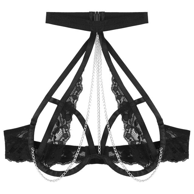 S-4XL Women Open Breast Extoic Bra Hollow Out Lace Halter Tops Metal Chain Decor Underwired Brassiere Sexy Lingerie Clubwear