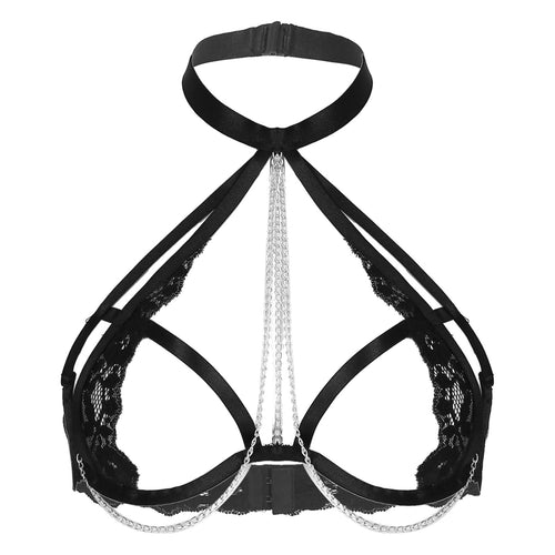 S-4XL Women Open Breast Extoic Bra Hollow Out Lace Halter Tops Metal Chain Decor Underwired Brassiere Sexy Lingerie Clubwear