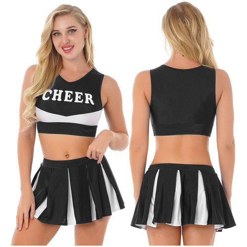 S-XL WomenCheerleading Outfit Schoolgirl Cosplay Letter Printe Sleeveless Crop Top with Pleated Skirt Sports Competition Costume