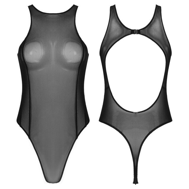 S-XXL Womens Sheer Mesh Lingerie Bodysuit Swimsuit O-neck Sleeveless Backless EroticJumpsuit Sexy Swimwear Nightwear Clubwear