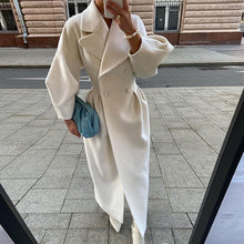 Load image into Gallery viewer, Autumn Women Woolen Coat Thick Lapel Double-Breasted Office Lady Long Jackets Lantern Sleeve Windbreaker Streetwear Female Coats