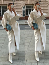 Load image into Gallery viewer, Autumn Women Woolen Coat Thick Lapel Double-Breasted Office Lady Long Jackets Lantern Sleeve Windbreaker Streetwear Female Coats