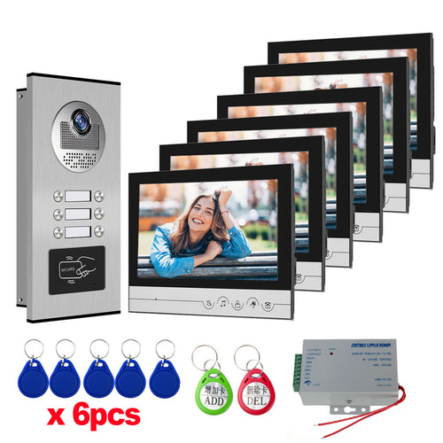 9 inch 4/6 Apartment/Family Color Video Door Phone Intercom System With  for 6 Unit Building Intercom Inductive Card