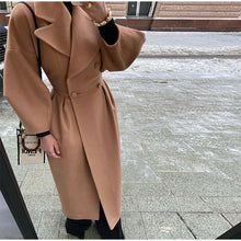 Load image into Gallery viewer, Autumn Women Woolen Coat Thick Lapel Double-Breasted Office Lady Long Jackets Lantern Sleeve Windbreaker Streetwear Female Coats