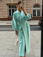 Load image into Gallery viewer, Autumn Women Woolen Coat Thick Lapel Double-Breasted Office Lady Long Jackets Lantern Sleeve Windbreaker Streetwear Female Coats