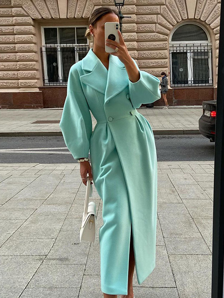 Autumn Women Woolen Coat Thick Lapel Double-Breasted Office Lady Long Jackets Lantern Sleeve Windbreaker Streetwear Female Coats