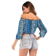 Load image into Gallery viewer, SALE Boho Blue Cropped Tops Women Off Shoulder Print Pullover Casual Beach Wear Blouse Summer Chiffon Lady Short Blouses Femme