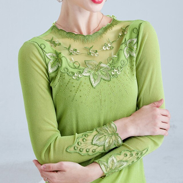 SALE Women T-shirt New 2021 Fashion Casual Long Sleeve Hollow Out Mesh tops Elegant Embroidery Blouse M-4XL Women Shirt