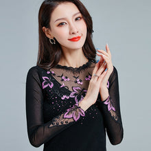 Load image into Gallery viewer, SALE Women T-shirt New 2021 Fashion Casual Long Sleeve Hollow Out Mesh tops Elegant Embroidery Blouse M-4XL Women Shirt