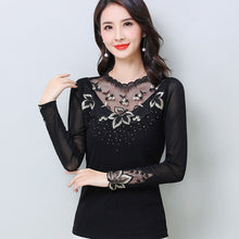 Load image into Gallery viewer, SALE Women T-shirt New 2021 Fashion Casual Long Sleeve Hollow Out Mesh tops Elegant Embroidery Blouse M-4XL Women Shirt