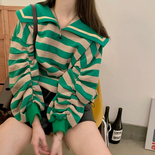Sailor Collar Stripes Drawstring Puff Sleeves Women Sweatshirt Long Sleeve Loose College Style All-match Spring 2022 Pullover