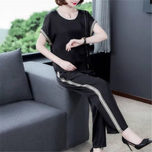 Load image into Gallery viewer, Sale Women Tracksuit Big Size Casual Striped Two Piece Set short Sleeve Tshirt Pullover Long Pants Suit 2 Pcs Outfits
