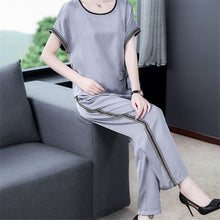Load image into Gallery viewer, Sale Women Tracksuit Big Size Casual Striped Two Piece Set short Sleeve Tshirt Pullover Long Pants Suit 2 Pcs Outfits