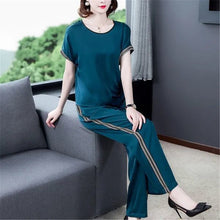 Load image into Gallery viewer, Sale Women Tracksuit Big Size Casual Striped Two Piece Set short Sleeve Tshirt Pullover Long Pants Suit 2 Pcs Outfits