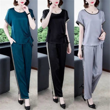 Load image into Gallery viewer, Sale Women Tracksuit Big Size Casual Striped Two Piece Set short Sleeve Tshirt Pullover Long Pants Suit 2 Pcs Outfits