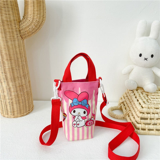 Sanrio Children Outdoor Water Cup Bag Cylindrical Shoulder Bags Hello Kitty Kulomi Melody Cartoon Printing Girls Messenger Bag