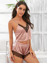 Load image into Gallery viewer, Satin Backless Sexy Pajamas Black Lace Crop Top With Short Loose Loungewear Spaghetti Strap Sleepwear Women Pj Set