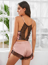 Load image into Gallery viewer, Satin Backless Sexy Pajamas Black Lace Crop Top With Short Loose Loungewear Spaghetti Strap Sleepwear Women Pj Set