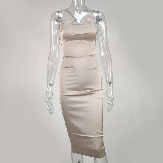 Satin Lace Up Summer Dress Women Bodycon Long Midi Vintage Backless Elegant Party Outfits Sexy Club Clothes Vestido Dresses Robe