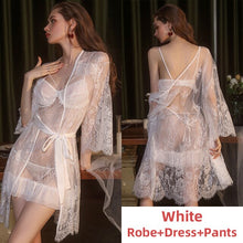 Load image into Gallery viewer, Satin Pajamas Sets Women Sexy Night Dress Teen Girl Embroidered Sleepwear Robe Set Lace See Through Camisolas Summer Dropshippin