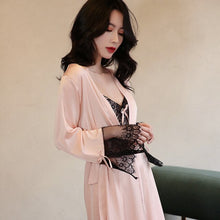 Load image into Gallery viewer, Satin Robe &amp; Gown Set Womens Lace Bathrobe Sexy Hot Erotic Nightdress Kimono Nightgowns Lounge Robes Femme Sleepwear Nighties