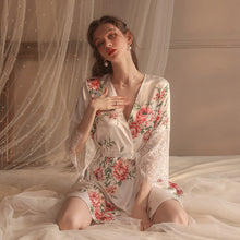 Load image into Gallery viewer, Satin Silk Robe with Belt Women Rose Lace Sleepwear Sexy Lingerie Bathrobe Floral Kimono Bridesmaid Gift Bath Nightgown Summer