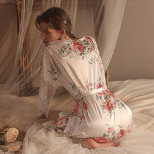 Load image into Gallery viewer, Satin Silk Robe with Belt Women Rose Lace Sleepwear Sexy Lingerie Bathrobe Floral Kimono Bridesmaid Gift Bath Nightgown Summer