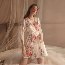 Load image into Gallery viewer, Satin Silk Robe with Belt Women Rose Lace Sleepwear Sexy Lingerie Bathrobe Floral Kimono Bridesmaid Gift Bath Nightgown Summer