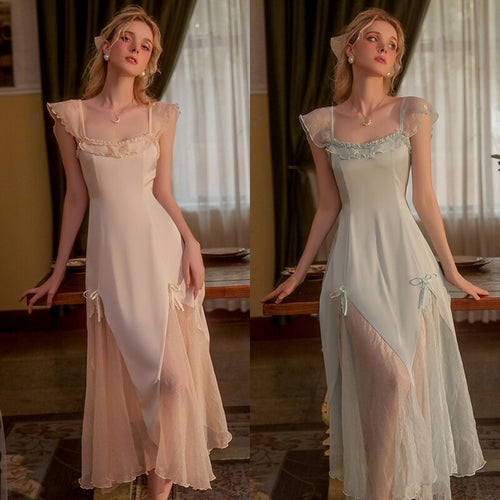 Satin Social Evening Dress Women French Elegance Long Robe Silk Sleepwear Party Lace Longuette Nightgown Pamajas Camisole Summer