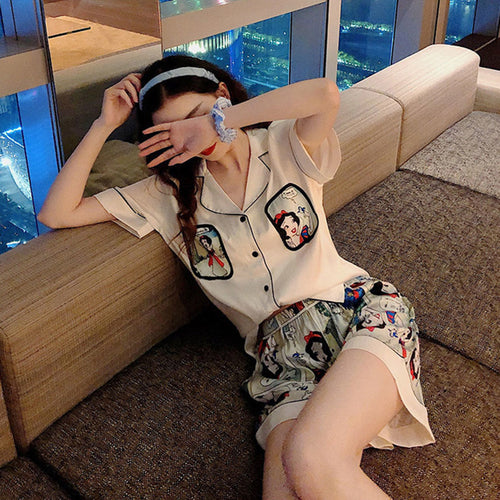 Satin Underwear  Pajamas Set Women Summer Long Sleeve Shorts Cute  Anime Pajamas Thin Section Out Home Clothes Two-Piece Set