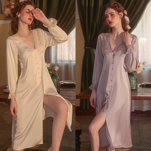 Satin Victorian Evening Dress Women Bride Lace Party Date Nightgown Sexy Nightdress Pure Sleepwear Ice Silk Long Robe Summer