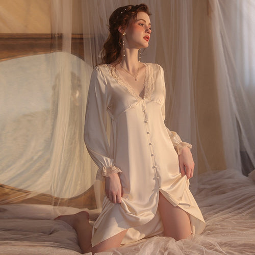 Satin Victorian Evening Dress Women Bride Sexy Nightdress Pure Sleepwear Ice Silk Long Robe Lace Nightgown Party Date Summer