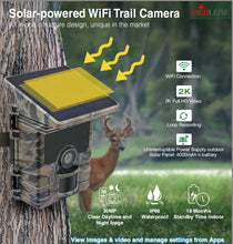 Load image into Gallery viewer, SunGusOutdoors 4K 30MP Outdoor Wildlife Hunting Trail Game Camera with WiFi APP Solar Panel Powered Waterproof IP66 for Security