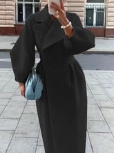 Load image into Gallery viewer, Autumn Women Woolen Coat Thick Lapel Double-Breasted Office Lady Long Jackets Lantern Sleeve Windbreaker Streetwear Female Coats