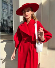 Load image into Gallery viewer, Autumn Women Woolen Coat Thick Lapel Double-Breasted Office Lady Long Jackets Lantern Sleeve Windbreaker Streetwear Female Coats