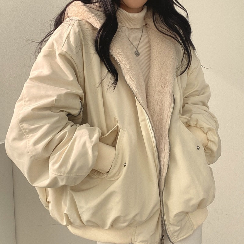 Winter 2022 New Cashmere Thickening Hooded Short Coat On Both Sides Lamb Wool Cotton Coat Cotton Women's Wear Chaquetas  Y2k Trf