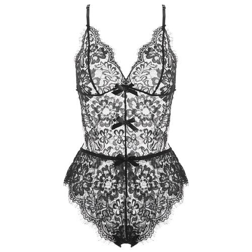 Seduction Pajama for Women Lace Bodysuit One Piece Lingerie Transparent Pajamas Sexy Lashes Lace Backless Bondage Jumpsuit