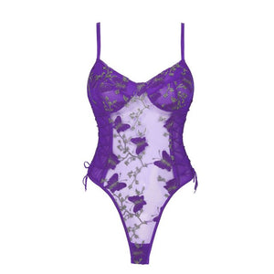 See-through Mesh Backless Lingerie Bodysuits Womens Erotic Sexy Floral Butterfly Embroidery Lace-up Sheer Leotard Costume