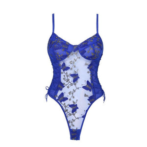 See-through Mesh Backless Lingerie Bodysuits Womens Erotic Sexy Floral Butterfly Embroidery Lace-up Sheer Leotard Costume