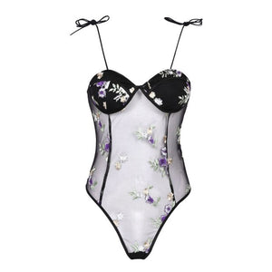 See-through Mesh Backless Lingerie Bodysuits Womens Erotic Sexy Floral Butterfly Embroidery Lace-up Sheer Leotard Costume